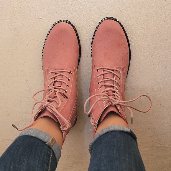 Women's Mauve Lace Up Ankle Mid-Calf Combat Boots - Picture 6 of 6